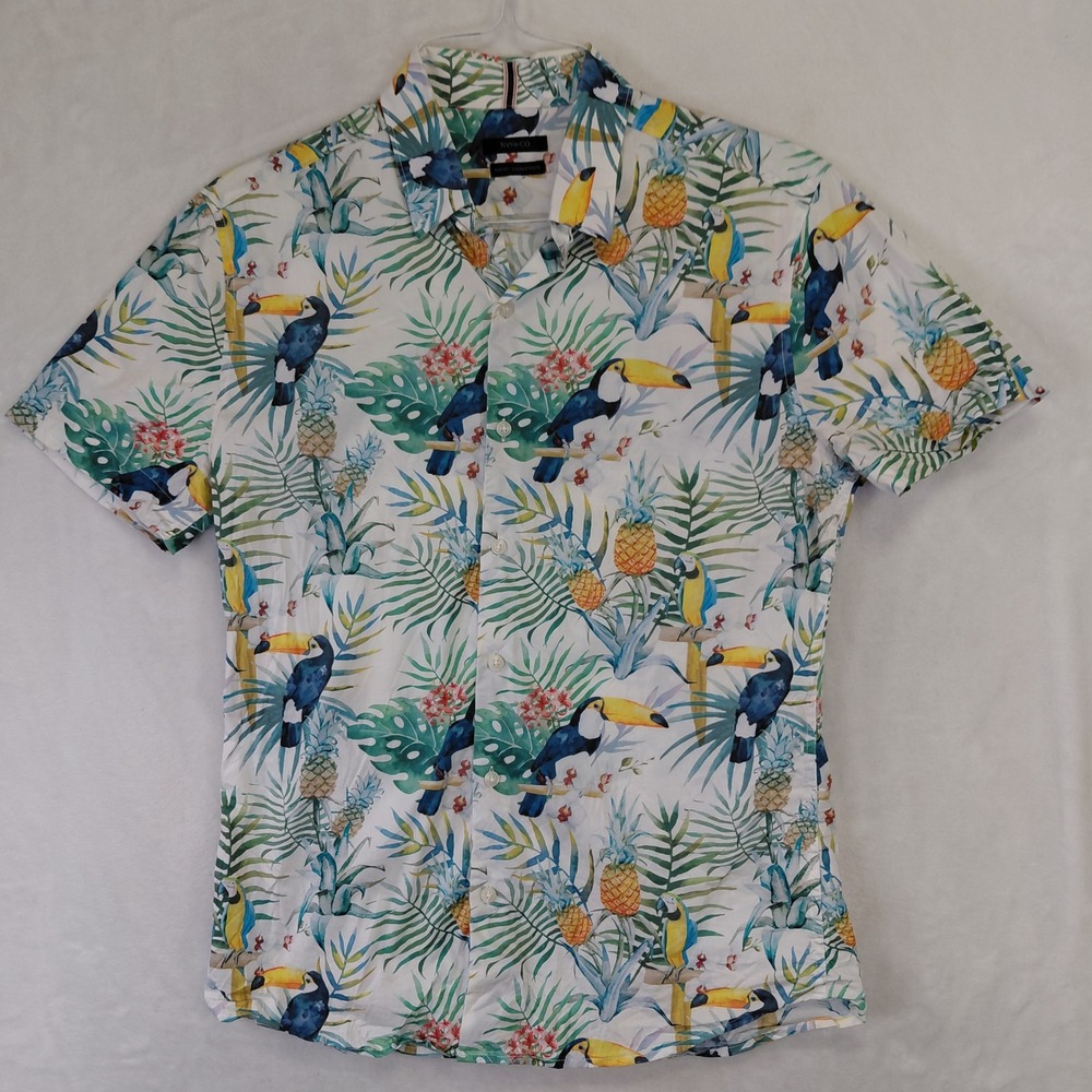 RW&CO Mens Slim Fit Tropical Toucan Parrot‎ Print Short Sleeve Button Up Shirt M